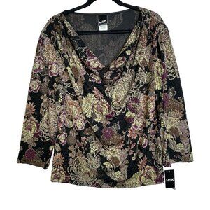 NWT MSK Floral‎ Blouse. XL Cowl Neck Gold Glitter Whimsical Fairy Boho